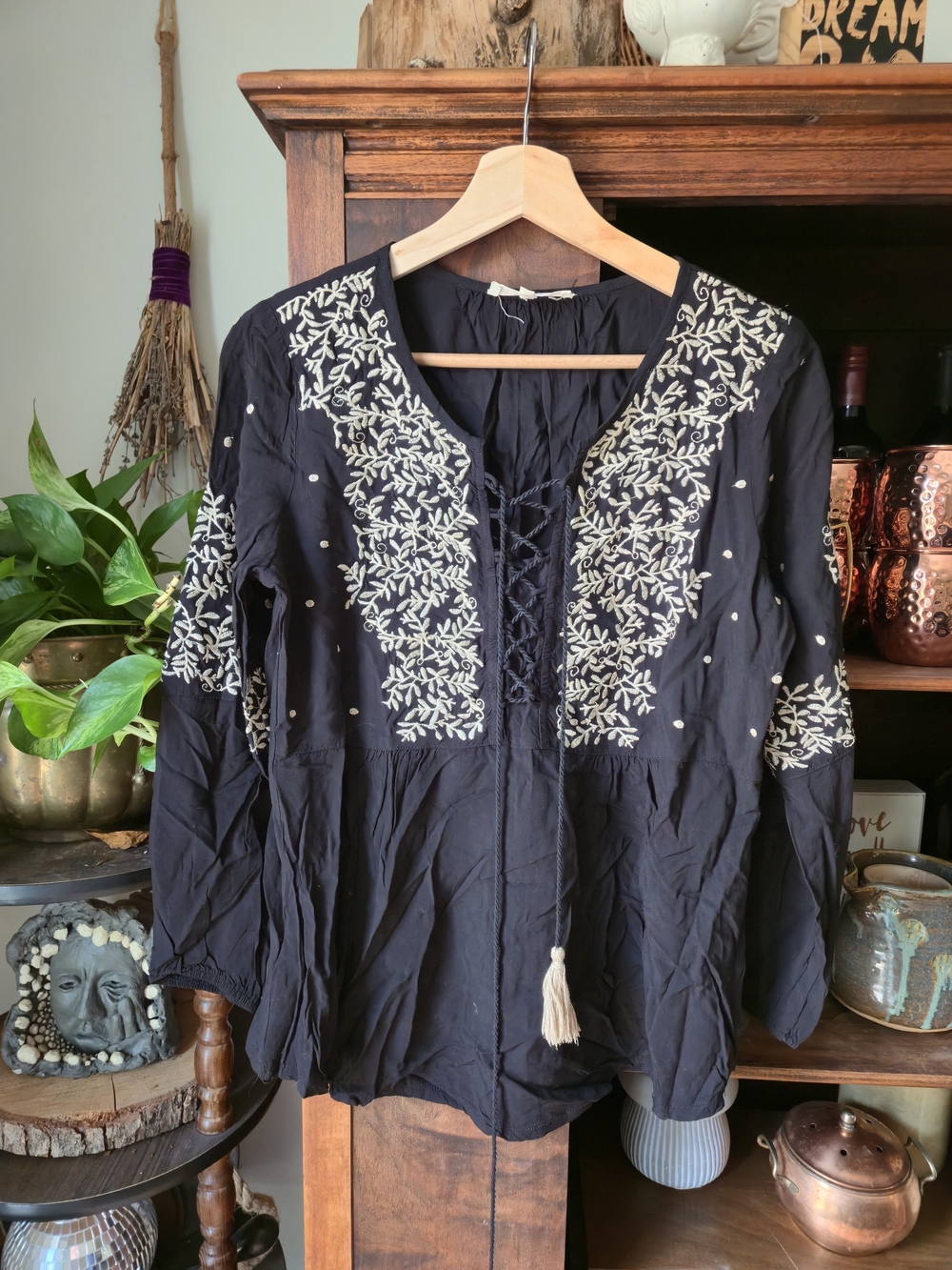 SOLITAIRE Black Lace-up Front Tunic with Cream Embroidery, small